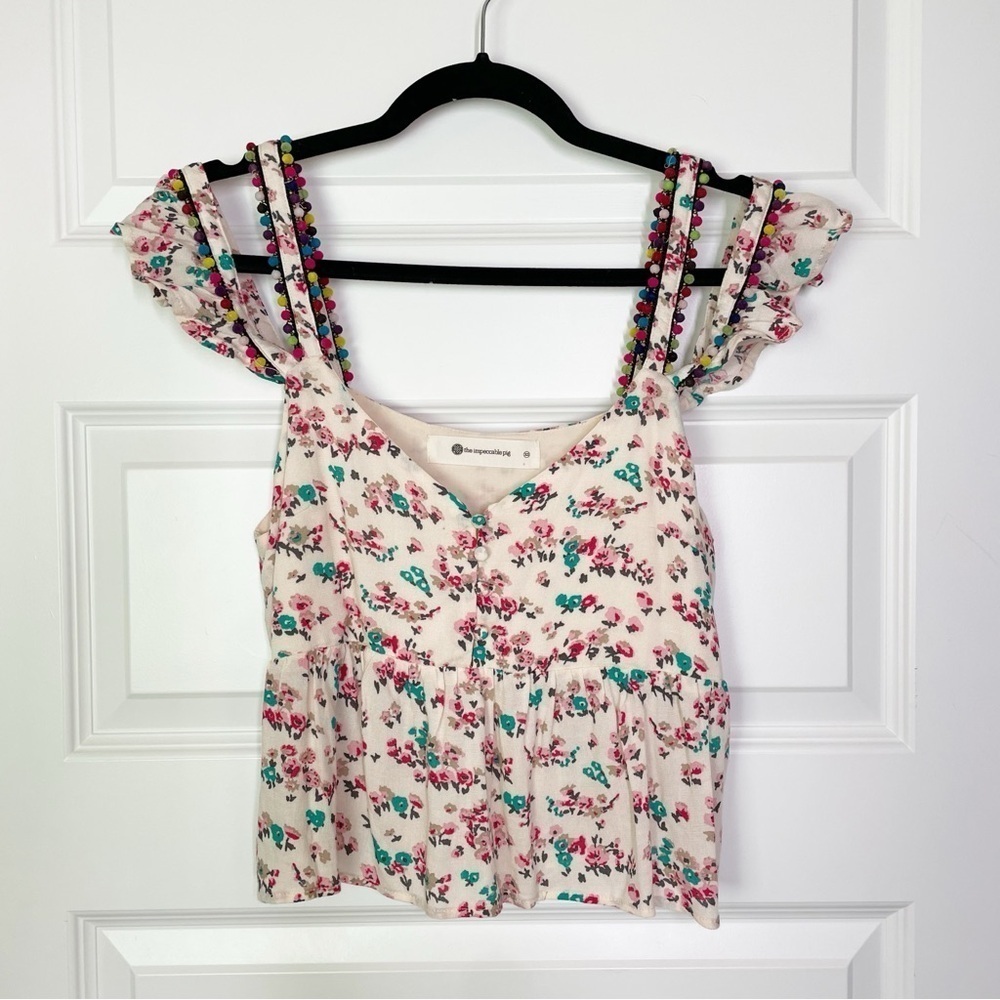 The Impeccable Pig Pom-Pom Floral Blouse with Off the Shoulder Detail